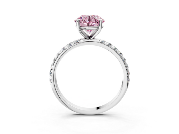 Platinum Fancy Pink Round  Cut Diamond Solitaire Ring with Micro Pave Band and Four Prong Setting
