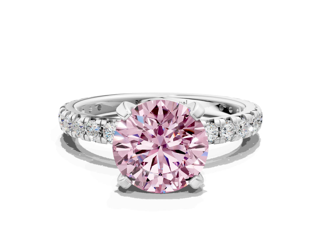 White gold Fancy Pink Round Cut Diamond Pavé Solitaire Ring with Round Band and Prong Setting_37