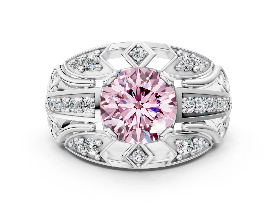 White gold Fancy Pink Round Cut Diamond Pave Art Deco Split Shank Ring with Four-Prong Setting
