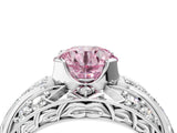 White gold Fancy Pink Round Cut Diamond Pave Art Deco Split Shank Ring with Four-Prong Setting_4