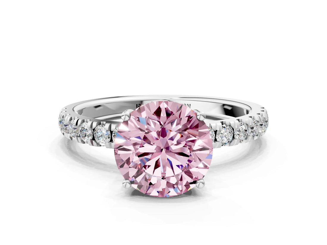 White gold Fancy Pink Round Cut Diamond Pave Band Solitaire Ring with Round  and Prong Setting_89