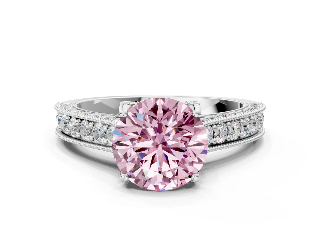 White gold Fancy Pink Round  Cut Diamond Pave Band with Four-Prong Setting