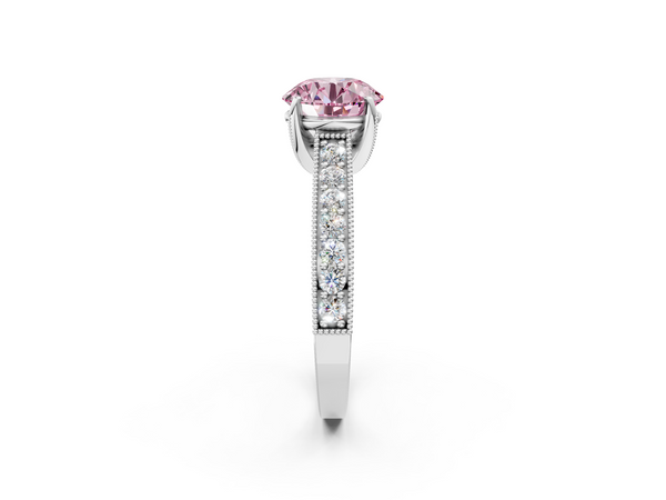 Platinum Fancy Pink Round  Cut Diamond Solitaire Ring with Milgrain Pave Band and Four Prong Setting