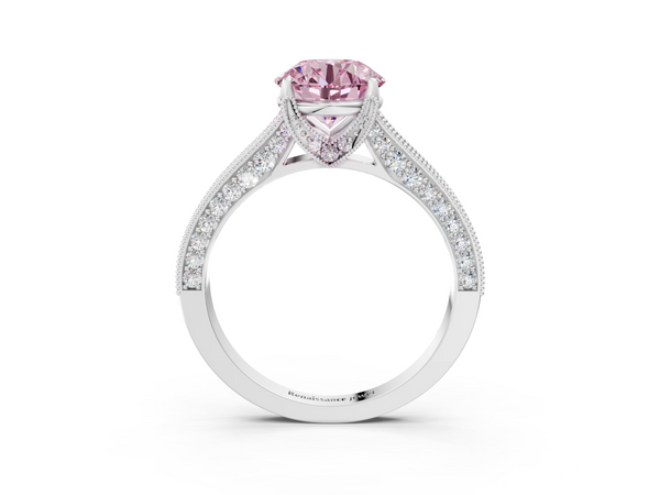 Platinum Fancy Pink Round  Cut Diamond Solitaire Ring with Milgrain Pave Band and Four Prong Setting