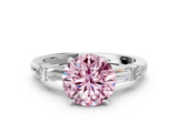 White gold Fancy Pink Round  Cut Diamond Ring with Baguette Side Stones, Channel Set Band, and Four-Prong Setting