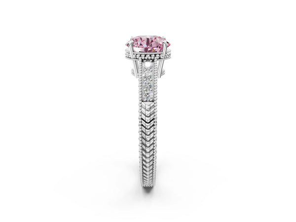 White gold Fancy Pink Round Cut Diamond Ring with Milgrain Pavé Band and Four-Prong Setting