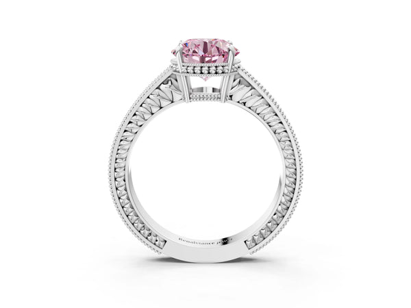 White gold Fancy Pink Round Cut Diamond Ring with Milgrain Pavé Band and Four-Prong Setting