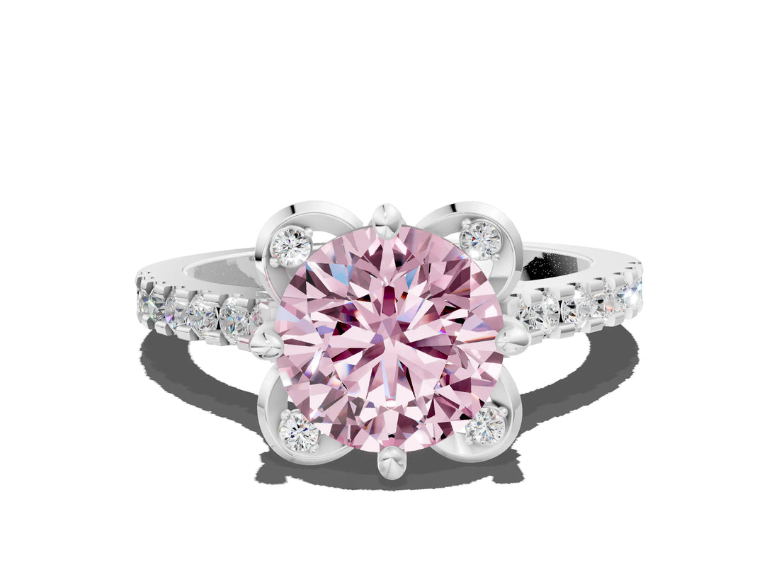 White gold Fancy Pink Round Cut Diamond Ring with Pavé Band and Floral Prong Setting_39