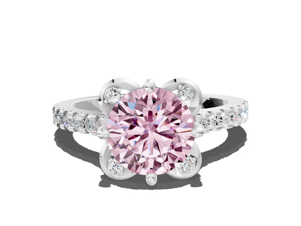 Platinum Round Floral Petal Pave Engagement Ring Setting for Fancy Pink Center