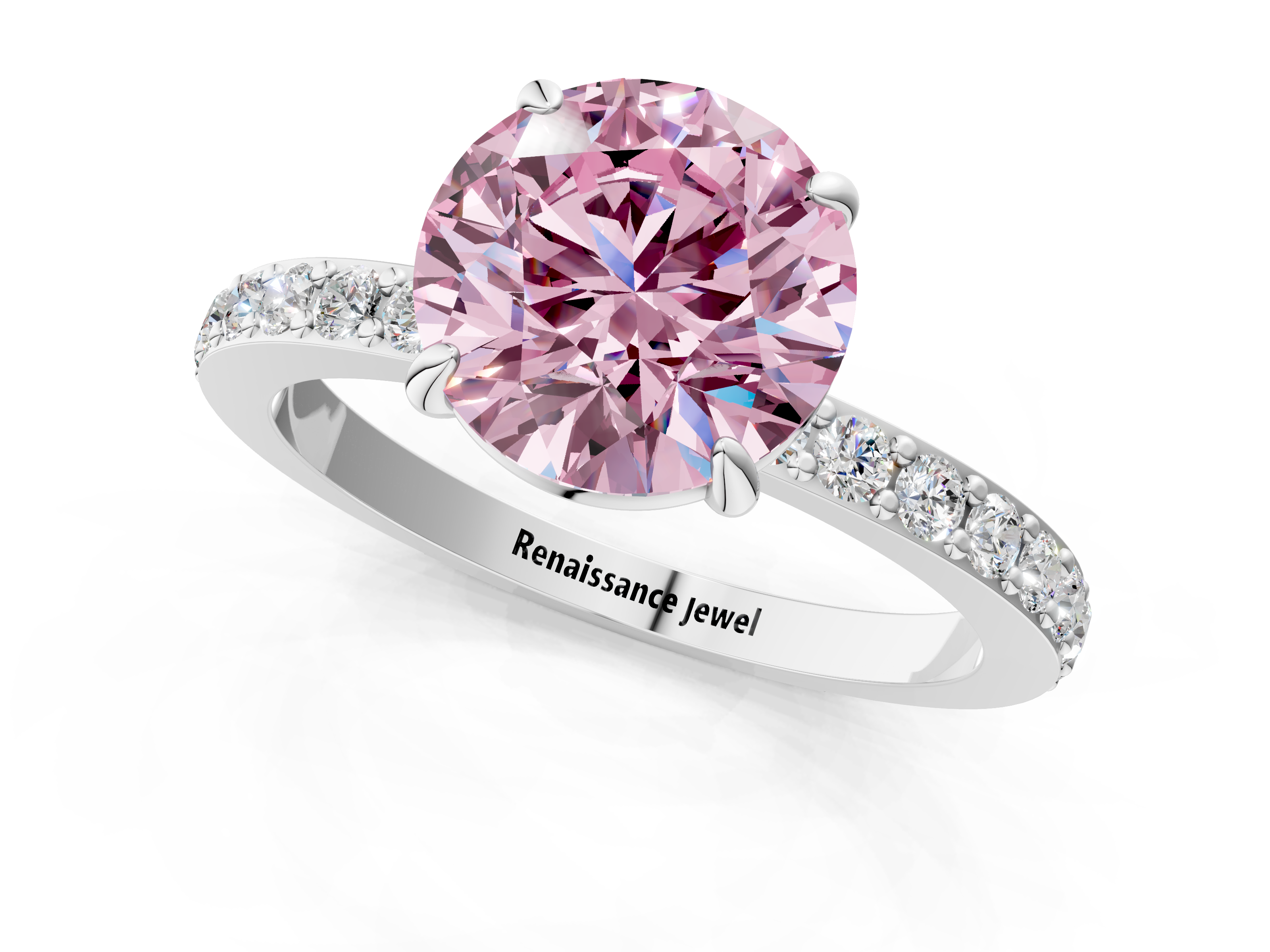 White gold Fancy Pink Round  Cut Diamond Ring with Pavé Band and Four-Prong Setting_1
