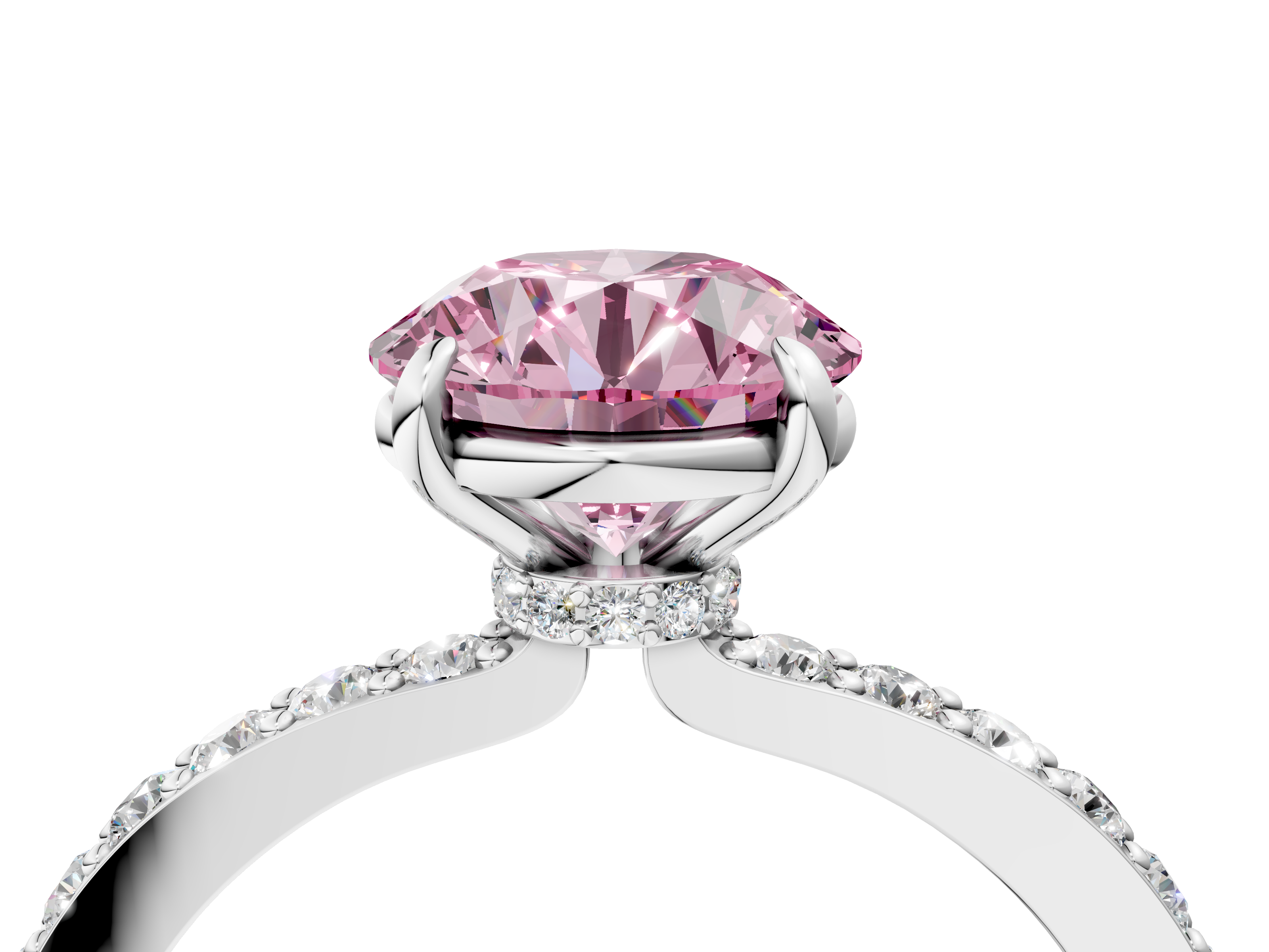 White gold Fancy Pink Round  Cut Diamond Ring with Pavé Band and Four-Prong Setting_4