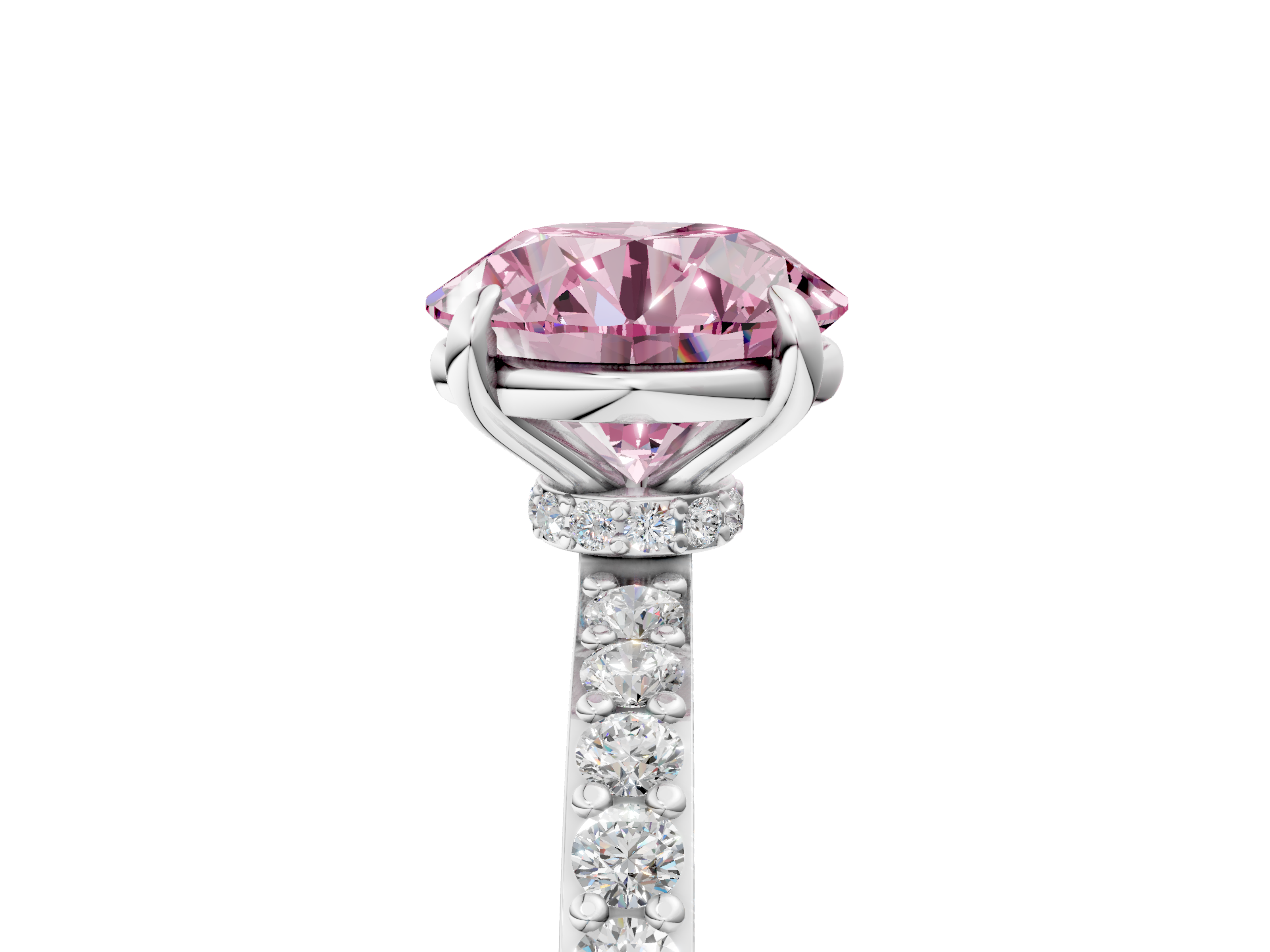White gold Fancy Pink Round  Cut Diamond Ring with Pavé Band and Four-Prong Setting_5