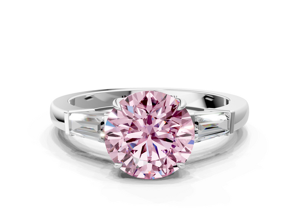Platinum Fancy Pink Round  Cut Diamond Ring with Tapered Baguette Side Stones in Four-Prong Setting