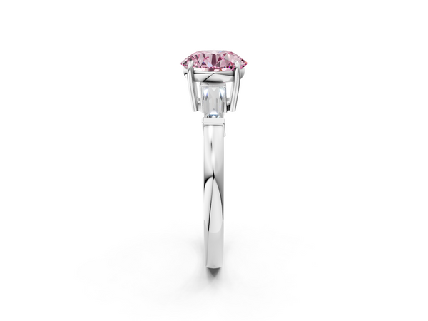 Platinum Fancy Pink Round  Cut Diamond Ring with Tapered Baguette Side Stones in Four-Prong Setting