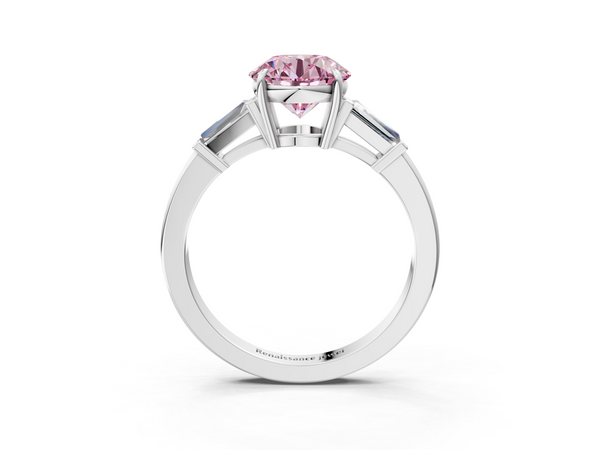 Platinum Fancy Pink Round  Cut Diamond Ring with Tapered Baguette Side Stones in Four-Prong Setting