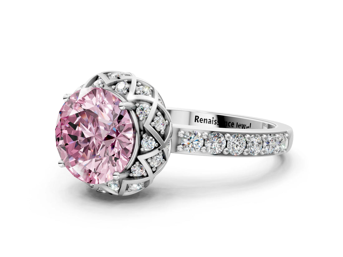 White gold Fancy Pink Round Cut Diamond Scalloped Halo Engagement Ring with Round Shared Prong Band_19