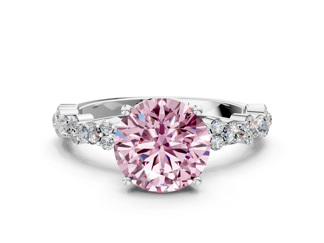 White gold Fancy Pink Round Cut Diamond Side Stone Solitaire Ring with Round  and Four-Prong Setting_24