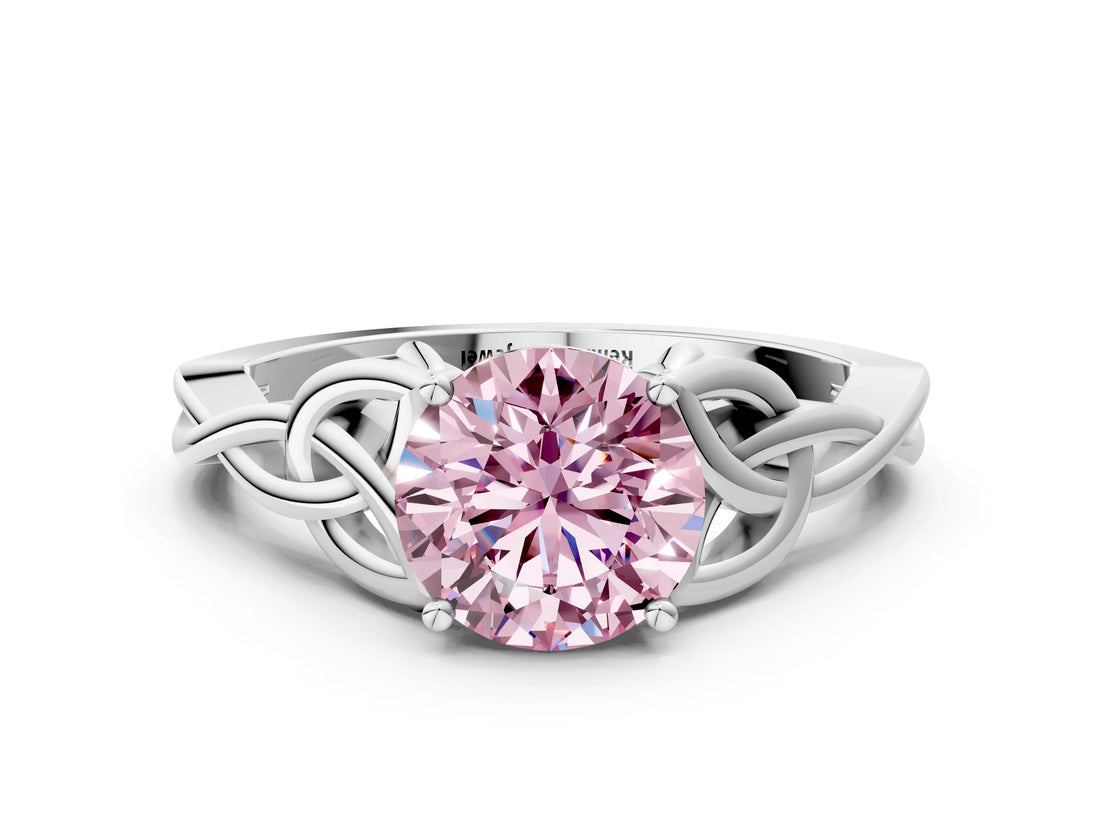 White gold Fancy Pink Round Cut Diamond Solitaire Celtic Knot Ring with Four-Prong Setting_29