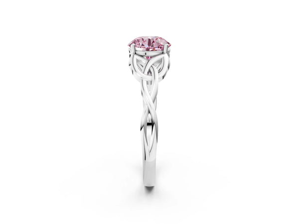 White gold Fancy Pink Round Cut Diamond Solitaire Celtic Knot Ring with Four-Prong Setting