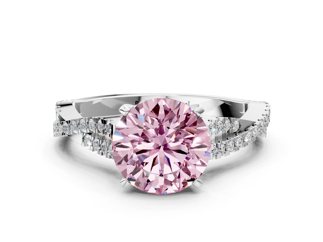 White gold Fancy Pink Round Cut Diamond Solitaire Engagement Ring with Twisted Pavé Band and Four-Prong Setting_99