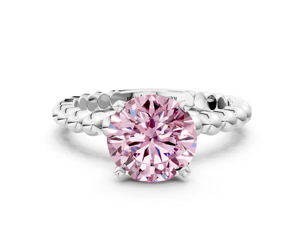 Platinum Fancy Pink Round Cut Diamond Solitaire Ring with Beaded Band and Prong Setting
