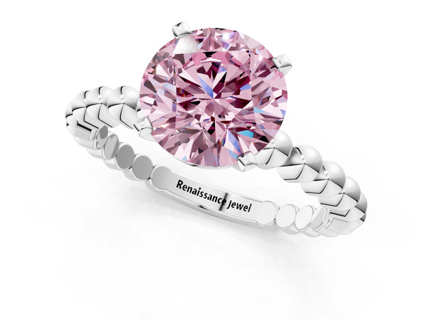 Platinum Fancy Pink Round Cut Diamond Solitaire Ring with Beaded Band and Prong Setting