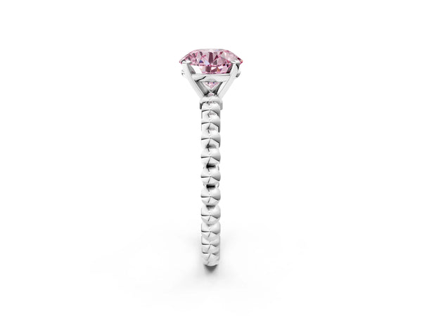 Platinum Fancy Pink Round Cut Diamond Solitaire Ring with Beaded Band and Prong Setting