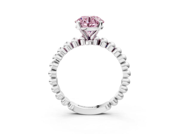 Platinum Fancy Pink Round Cut Diamond Solitaire Ring with Beaded Band and Prong Setting