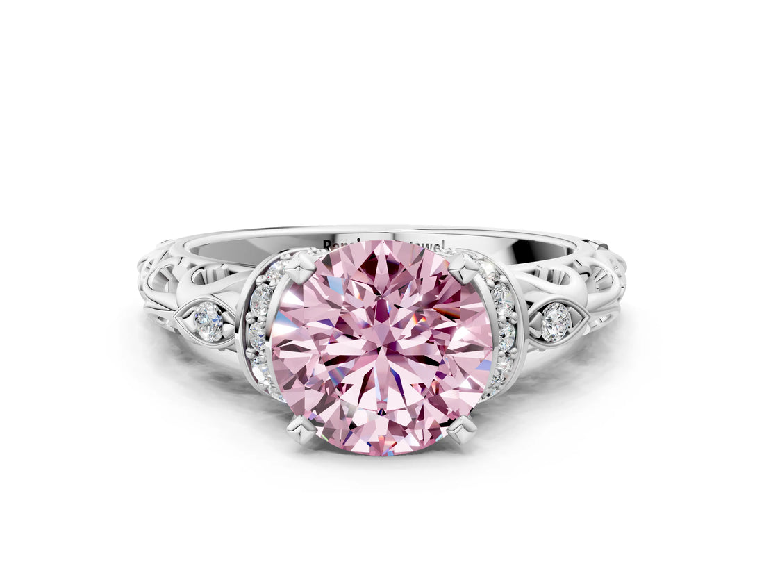 White gold Fancy Pink Round Cut Diamond Solitaire Ring with Filigree Band and Four-Prong Setting_17