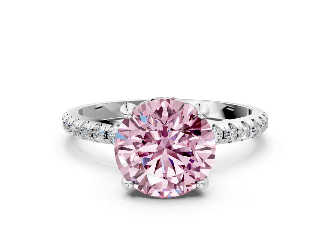 White gold Fancy Pink Round Cut Diamond Solitaire Ring with Four-Prong Setting and Pavé Band_15