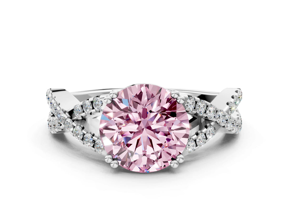 White gold Fancy Pink Round Cut Diamond Solitaire Ring with Four-Prong Setting and Twisted Pavé Band_17