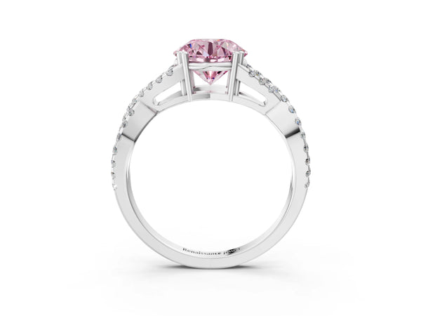 Platinum Fancy Pink Round Cut Diamond Solitaire Ring with Four-Prong Setting and Twisted Pavé Band