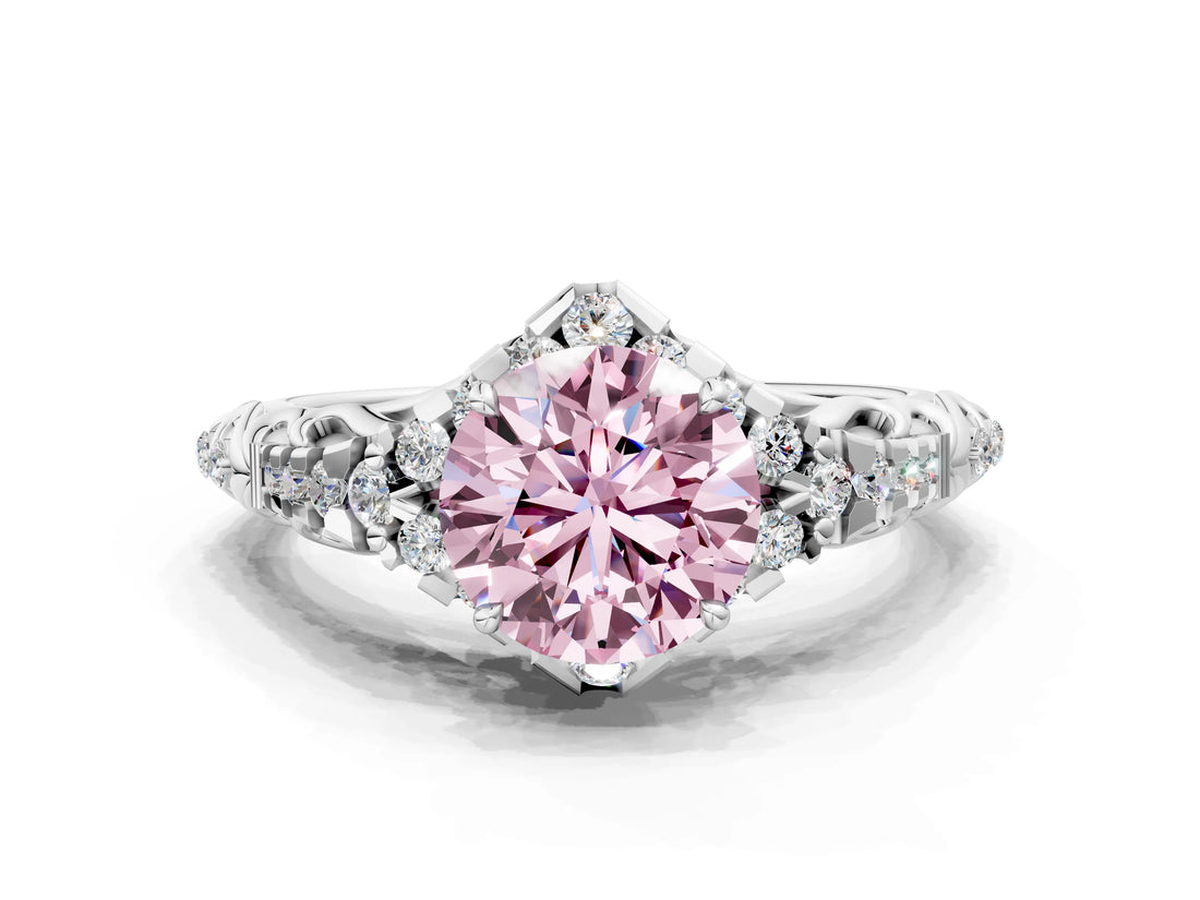 White gold Fancy Pink Round Cut Diamond Solitaire Ring with Hidden Halo and Pavé Band_39