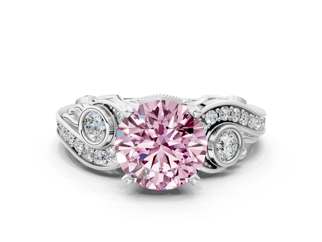 White gold Fancy Pink Round Cut Diamond Solitaire Ring with Milgrain Pavé Band and Four-Prong Setting_53