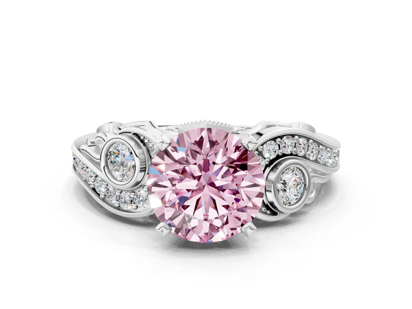 Platinum Fancy Pink Round Cut Diamond Solitaire Ring with Milgrain Pavé Band and Four-Prong Setting