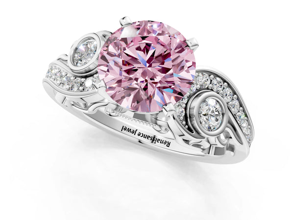 Platinum Fancy Pink Round Cut Diamond Solitaire Ring with Milgrain Pavé Band and Four-Prong Setting
