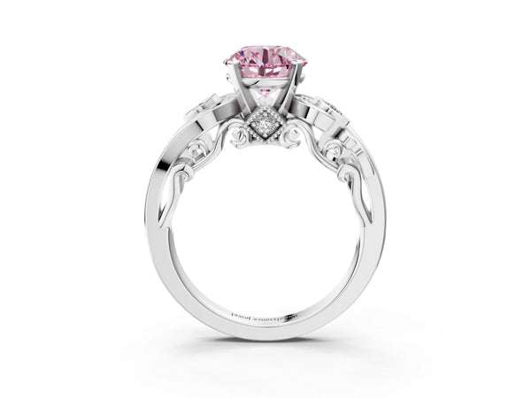 Platinum Fancy Pink Round Cut Diamond Solitaire Ring with Milgrain Pavé Band and Four-Prong Setting