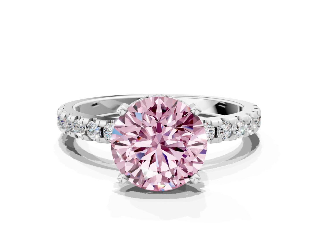 White gold Fancy Pink Round Cut Diamond Solitaire Ring with Pavé Band and Four-Prong Setting_28