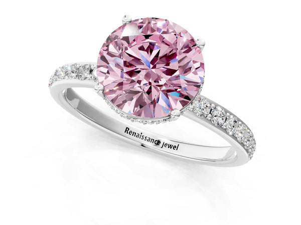 White gold Fancy Pink Round Cut Diamond Solitaire Ring with Pavé Band and Hidden Halo