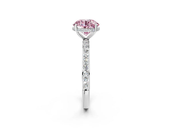 White gold Fancy Pink Round Cut Diamond Solitaire Ring with Pavé Band and Hidden Halo