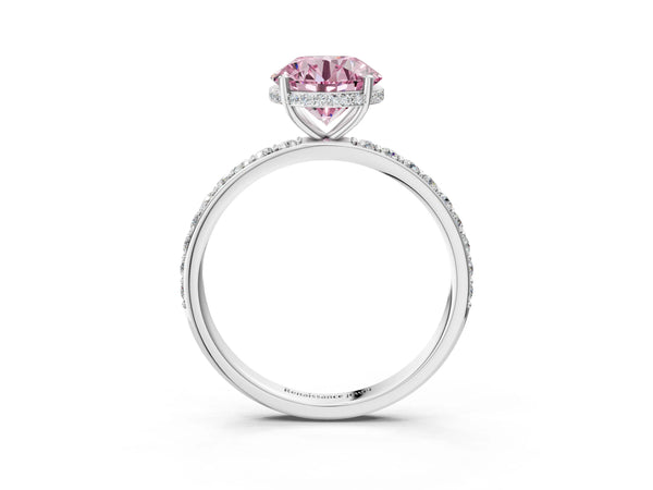 White gold Fancy Pink Round Cut Diamond Solitaire Ring with Pavé Band and Hidden Halo