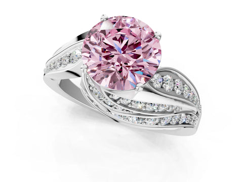 White gold Fancy Pink Round Cut Diamond Solitaire Ring with Prong Setting and Twisted Pavé Band_1