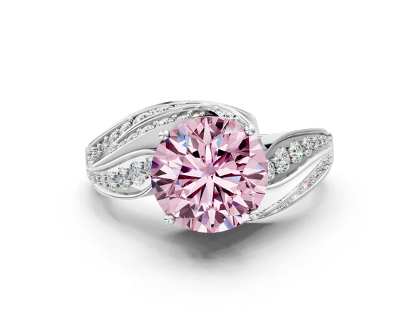 Platinum Fancy Pink Round Cut Diamond Solitaire Ring with Prong Setting and Twisted Pavé Band