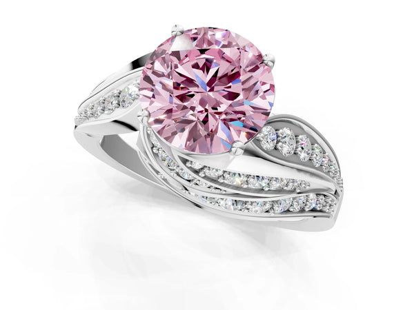 Platinum Fancy Pink Round Cut Diamond Solitaire Ring with Prong Setting and Twisted Pavé Band