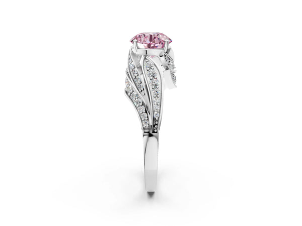 Platinum Fancy Pink Round Cut Diamond Solitaire Ring with Prong Setting and Twisted Pavé Band
