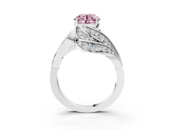 Platinum Fancy Pink Round Cut Diamond Solitaire Ring with Prong Setting and Twisted Pavé Band