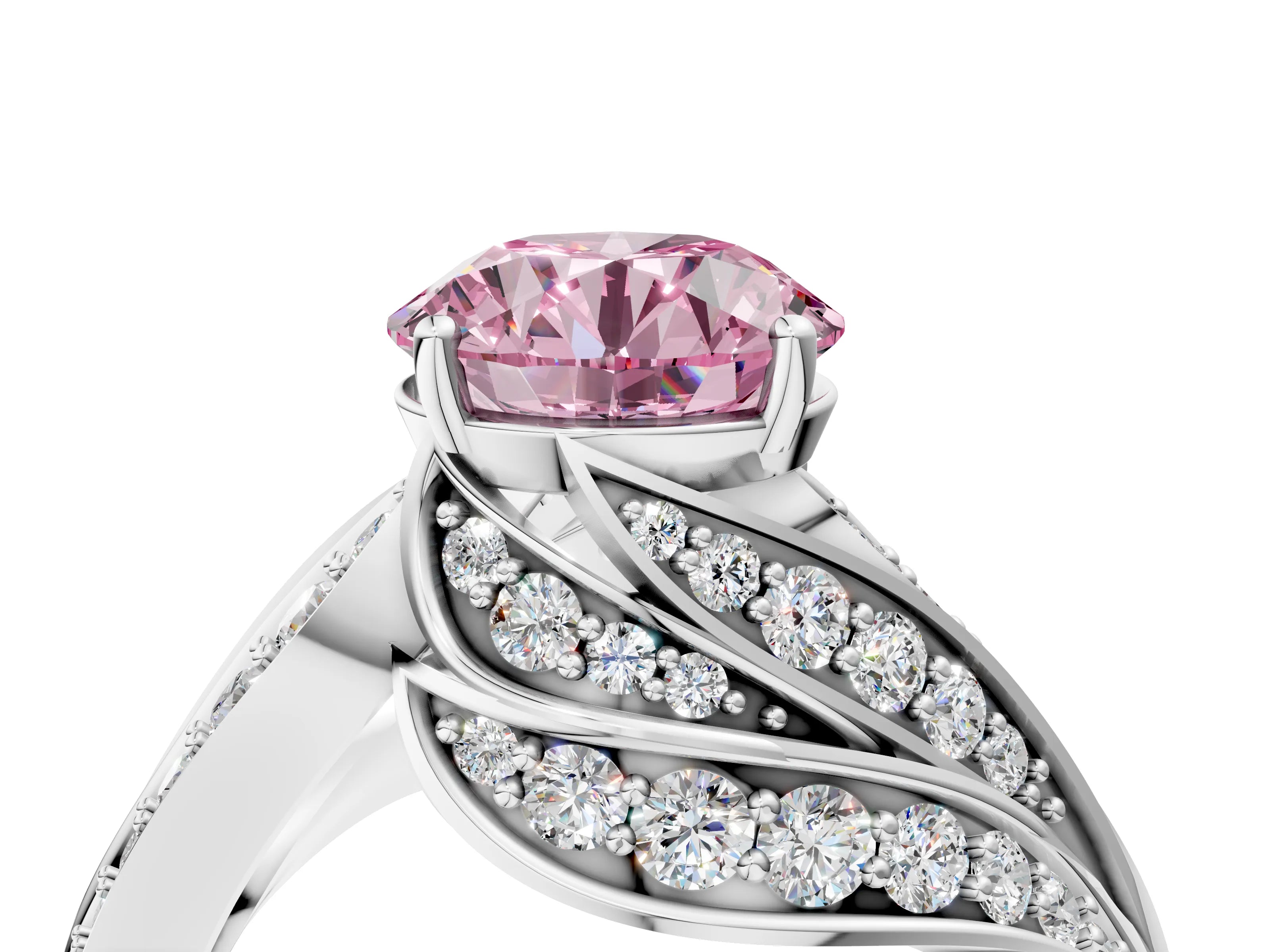 White gold Fancy Pink Round Cut Diamond Solitaire Ring with Prong Setting and Twisted Pavé Band_28