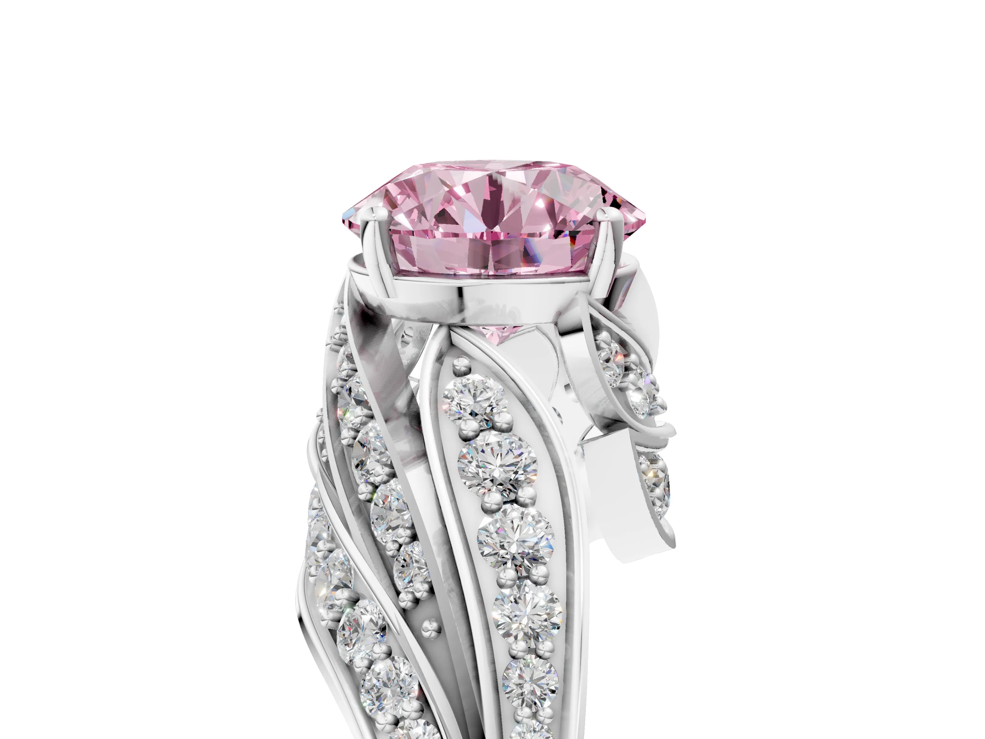 White gold Fancy Pink Round Cut Diamond Solitaire Ring with Prong Setting and Twisted Pavé Band_29
