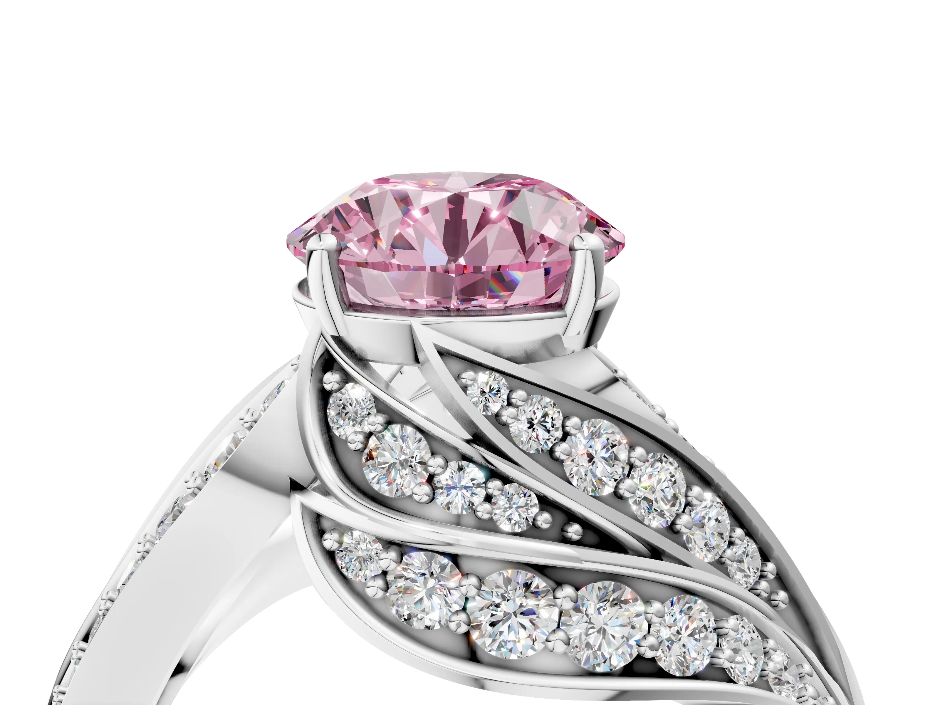 White gold Fancy Pink Round Cut Diamond Solitaire Ring with Prong Setting and Twisted Pavé Band_4