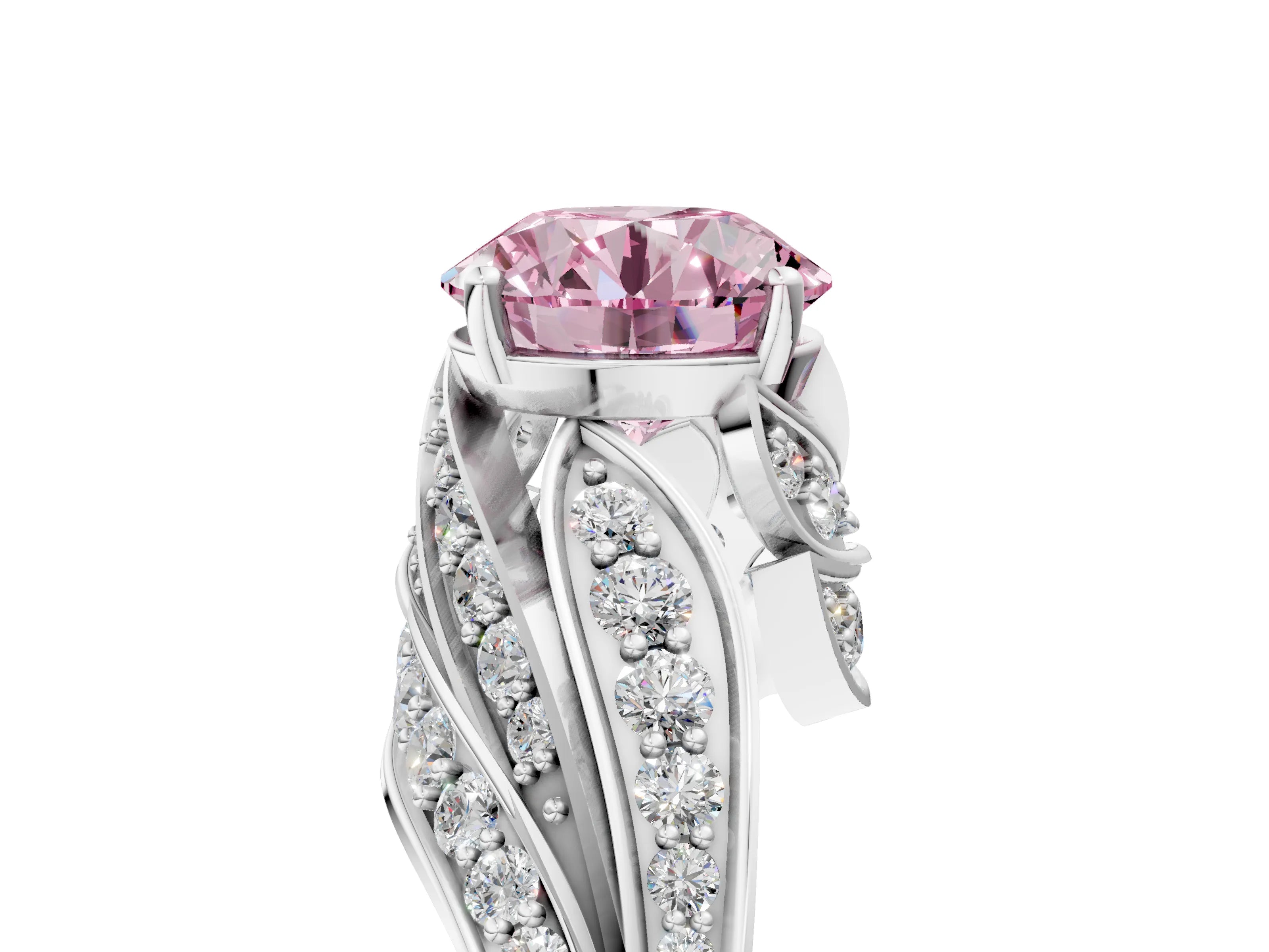 White gold Fancy Pink Round Cut Diamond Solitaire Ring with Prong Setting and Twisted Pavé Band_5